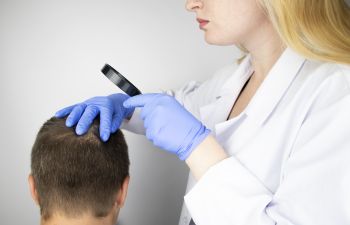 A trichologist examining hair of a man who complains about alopecia.